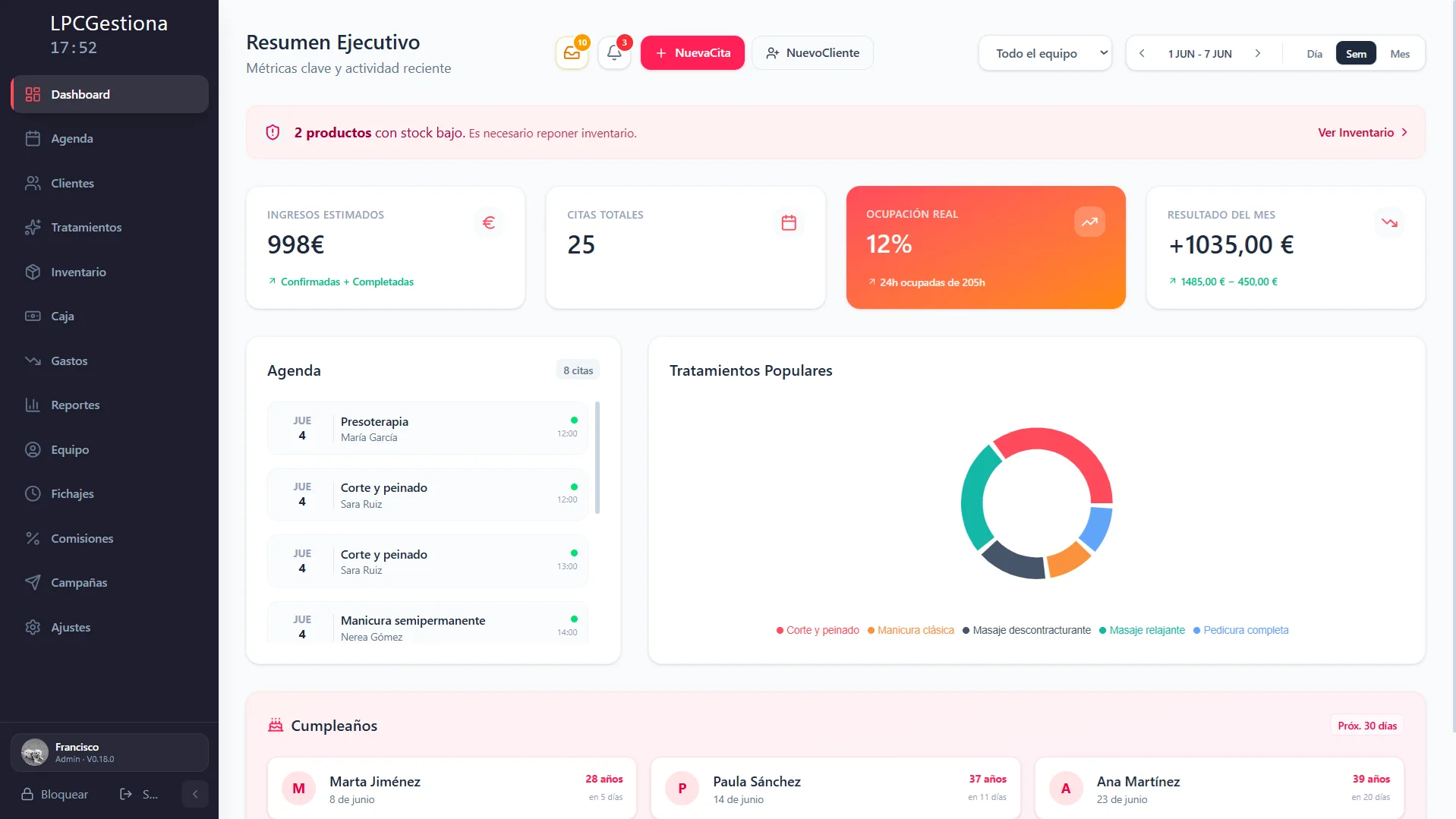 Panel de LPCGestiona con el calendario y el dashboard